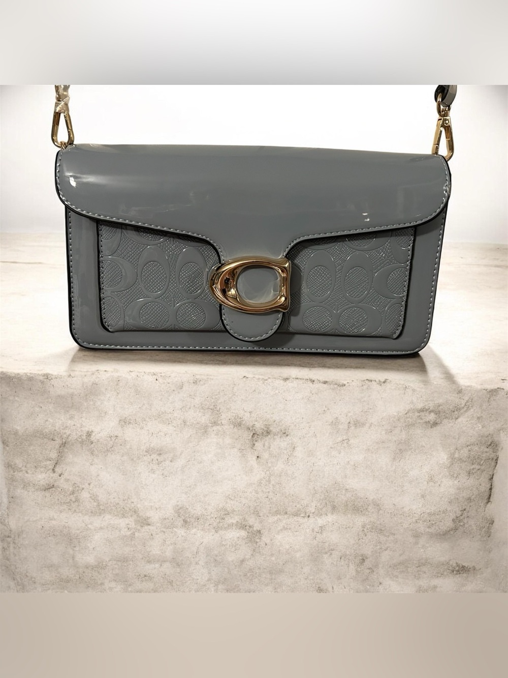 Inspired Glossy Blue Patent Leather Crossbody with Gold-Tone Buckle